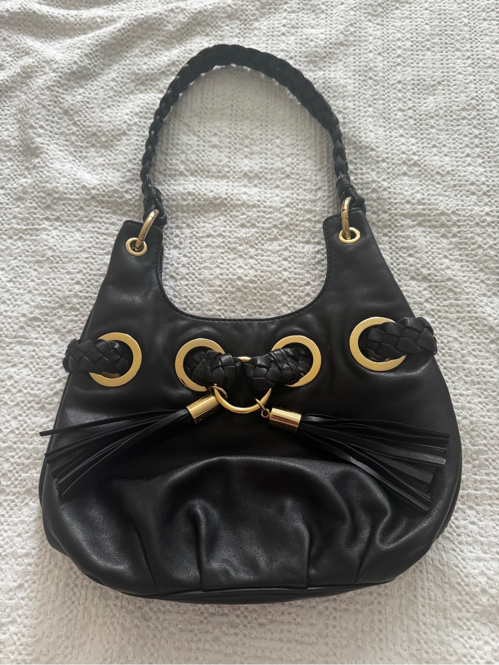 Black Leather Shoulder Bag with Braided Tassel Detail Michael Kors